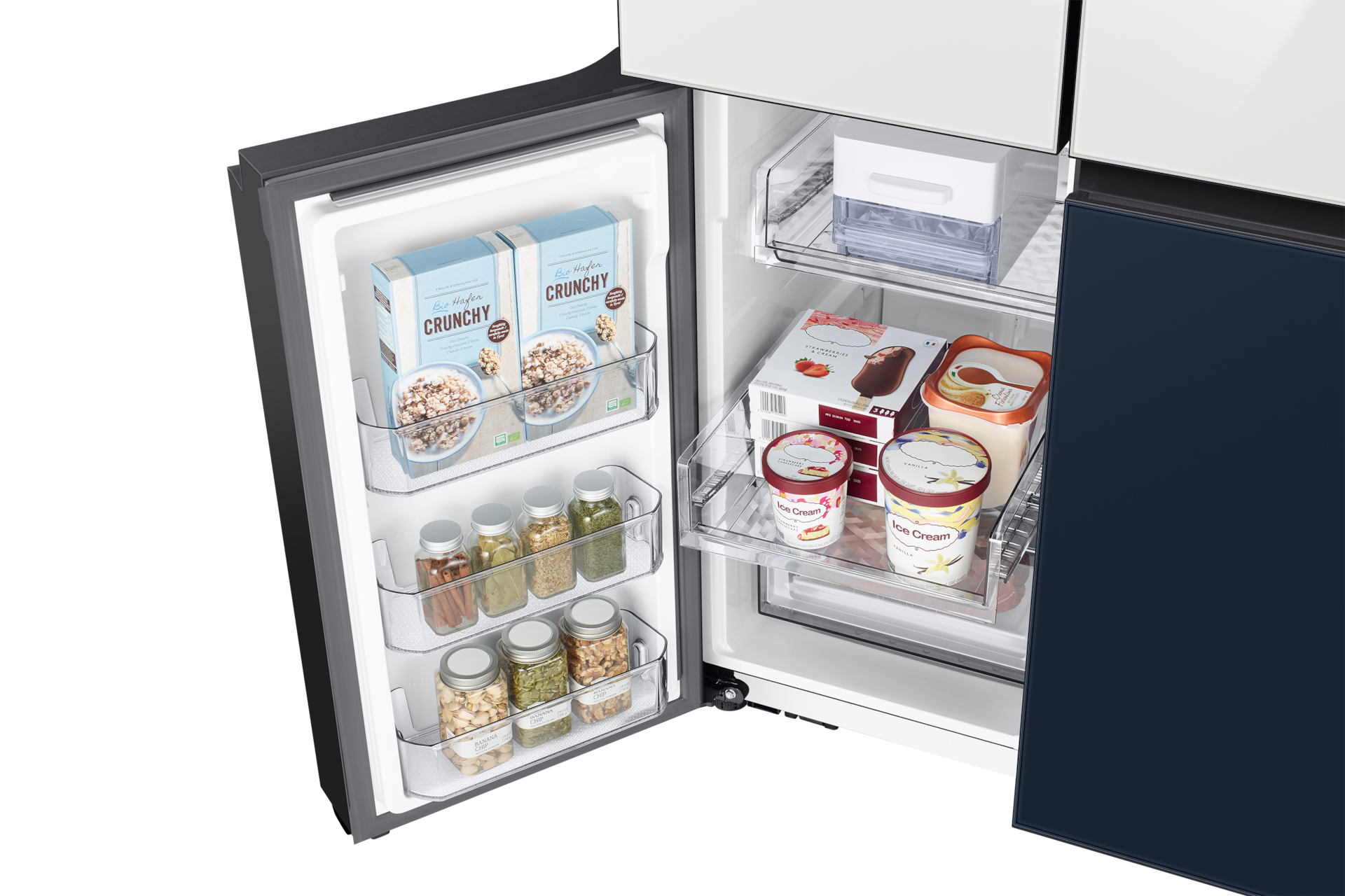 RF7000CC French Door Refrigerators with All Around Cooling Freezer-Sliding-Shelf-Detail Clean White&Clean Navy 