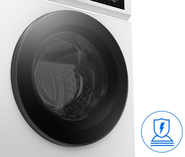 Tempered Glass Door of washing machine with a view of the inside. The Icon shows strong and durability.