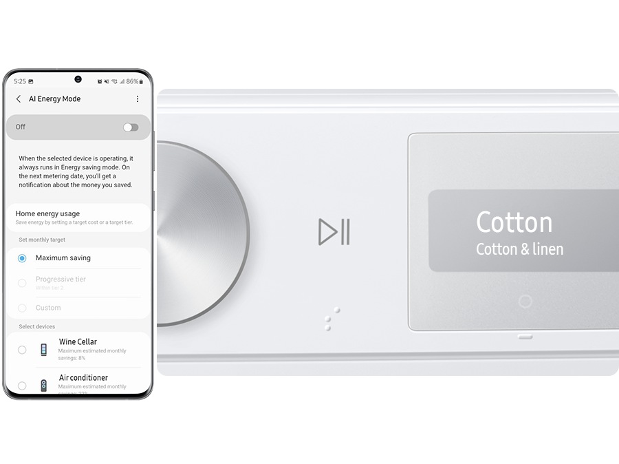 Modul AI Energy este activat prin bifarea butonului de mod pe Pornit și selectând dispozitivul pe care doriți să îl rulați pe Smartphone. Ciclul este complet cu modul AI Energy, care economisește 397Wh (70%) de energie.※Imaginile prezentate sunt cu titlu ilustrativ. Rezultatele pot varia în funcție de condițiile reale de utilizare.