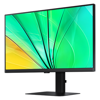 Front-right perspective of 24inch Samsung ViewFinity S60D with green wave on screen.