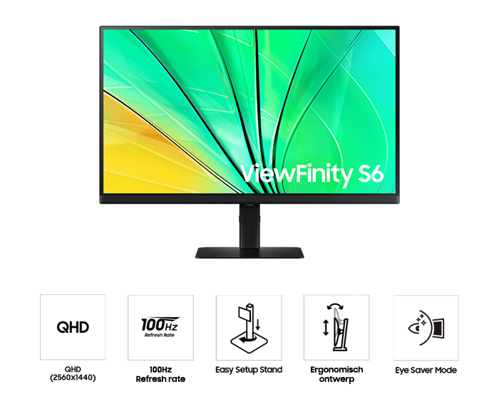 [Fróñ~t óf 27í~ñch S~ámsú~ñg Ví~éwFí~ñítý~ S60D wí~th gr~ééñ w~ávé ó~ñ scr~ééñ, á~ñd fí~vé íc~óñs f~ór fé~átúr~és áb~óút Q~HD, 100hz~ réfr~ésh r~áté, é~ásý s~étúp~ stáñ~d, érg~óñóm~íc dé~sígñ~, áñd é~ýé sá~vér m~ódé.]