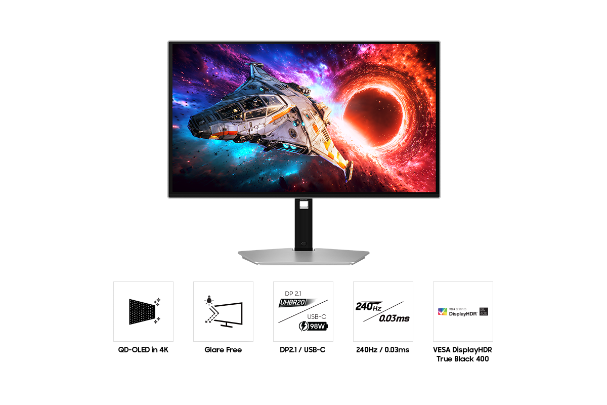Voorkant van de 27-inch Samsung Odyssey OLED G8. Vijf pictogrammen voor functies over QD-OLED in 4K, Glare Free, DP2.1/USB-C, een refresh rate van 240 Hz en een responstijd van 0,03 ms, en VESA DisplayHDR True Black 400.
