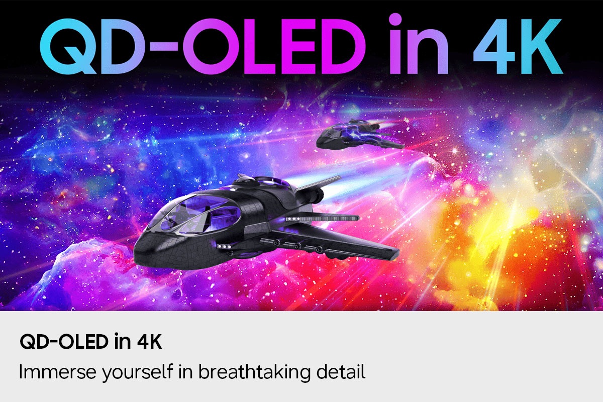 QD-OLED in 4K. Dompel jezelf onder in de adembenemende details. Ruimtevaartuig dat door de ruimte vliegt.