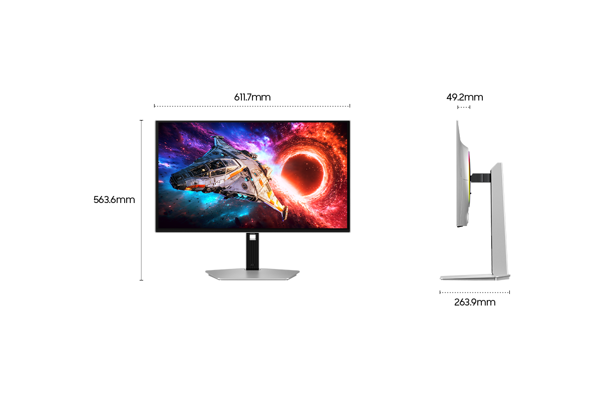 Afmetingen van de 27-inch Samsung Odyssey OLED G8 (611,7 x 563,6 x 263,9 mm) met standaard en een beeldschermdiepte van 49,2 mm zonder standaard.
