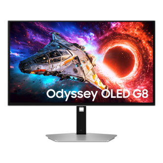 Voorkant van de 27-inch Samsung Odyssey OLED G8. Het scherm toont een ruimteschip dat uit het portaal vliegt.