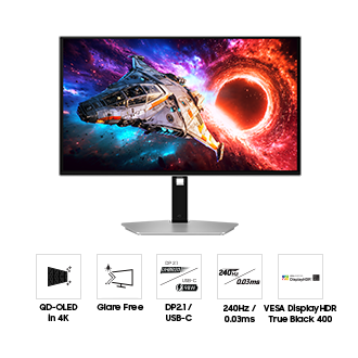 Voorkant van de 27-inch Samsung Odyssey OLED G8. Vijf pictogrammen voor functies over QD-OLED in 4K, Glare Free, DP2.1/USB-C, een refresh rate van 240 Hz en een responstijd van 0,03 ms, en VESA DisplayHDR True Black 400.