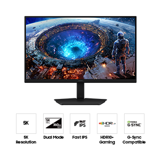 Voorkant van de Samsung Odyssey G8. Vijf pictogrammen voor functies over 5K-resolutie, Dual Mode, Fast IPS, HDR10+ Gaming en G-Sync Compatibel.