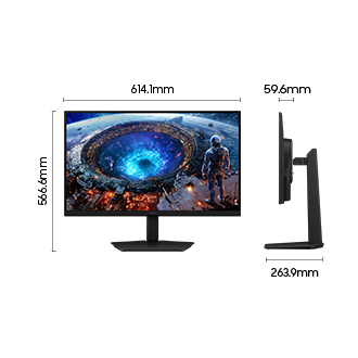 Afmetingen van de Samsung Odyssey G8 (614,1 x 566,6 x 263,9 mm) met standaard en een schermdiepte van 59,6 mm zonder standaard.