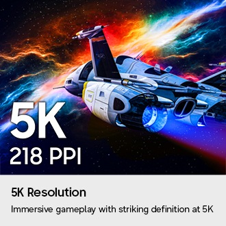 5K-resolutie. Meeslepende gameplay met opvallende 5K-visuals. Een 5K met hoge resolutie en een 218 PPI beeldscherm waarop een gedetailleerd ruimteschip te zien is.