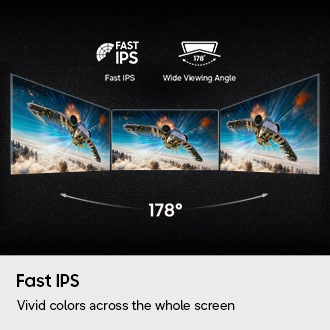 Fast IPS. Levendige kleuren over het hele scherm. Logo's voor Fast IPS en 178 graden brede kijkhoek. Drie monitoren tonen dezelfde luchtgevechtsscène vanuit verschillende hoeken.