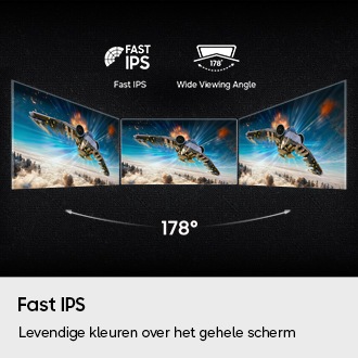 Fast IPS. Levendige kleuren over het hele scherm. Logo's voor Fast IPS en 178 graden brede kijkhoek. Drie monitoren tonen dezelfde luchtgevechtsscène vanuit verschillende hoeken.