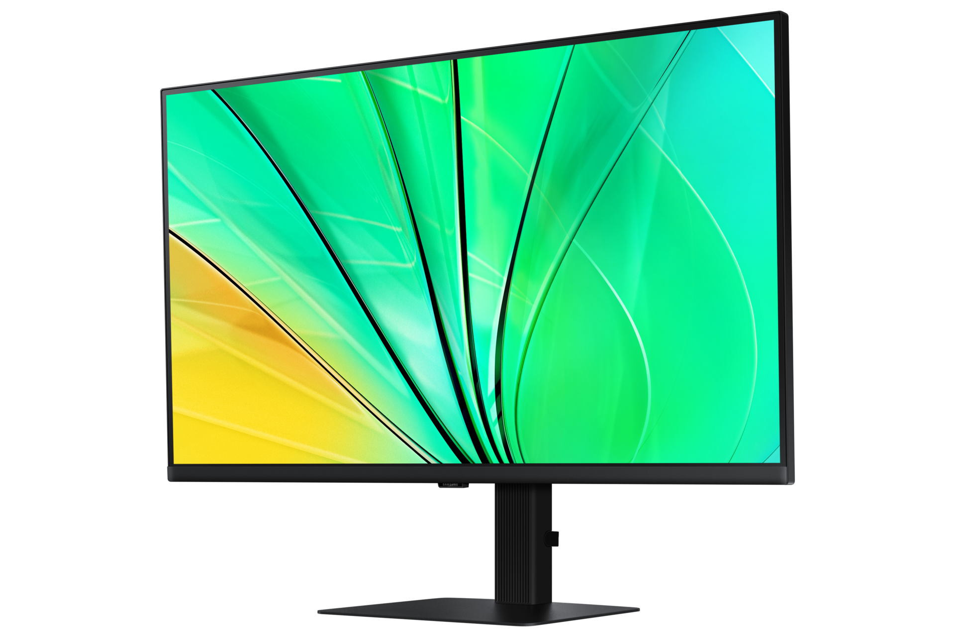 Front-right perspective of 32inch Samsung ViewFinity S60D with green wave on screen.