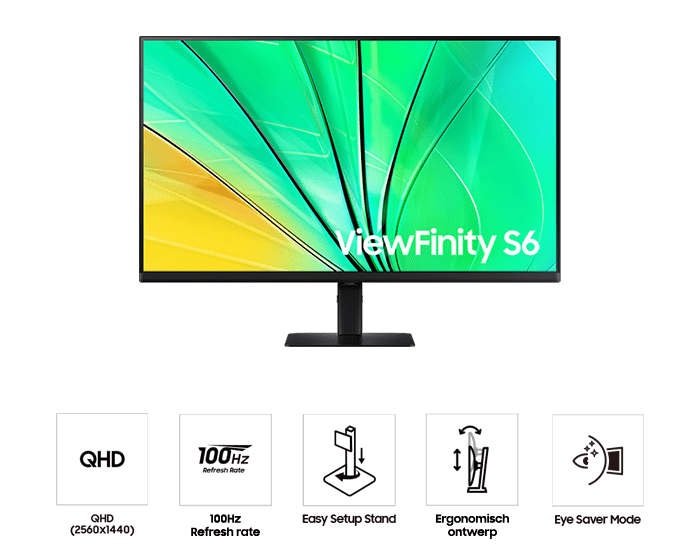 Front of 32inch Samsung ViewFinity S60D with green wave on screen, and five icons for features about QHD, 100hz refresh rate, easy setup stand, ergonomic design, and eye saver mode.