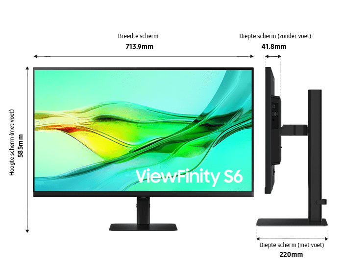 Dimension of 24 inch Samsung ViewFinity S60UD (540.7 x 535.9 x 220 mm) with black stand, and screen depth of 41.7mm without stand.