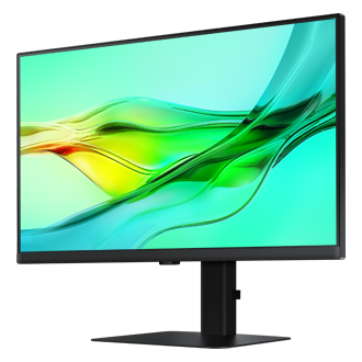 Front-right perspective of 24inch Samsung ViewFinity S60UD with green wave on screen.