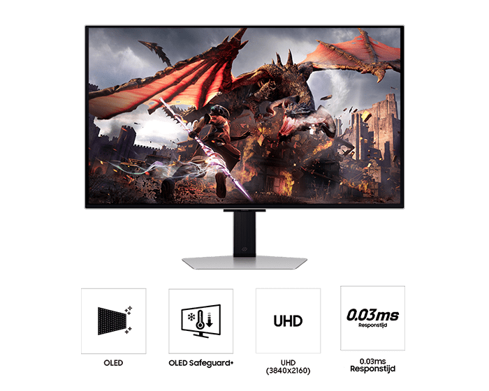 Front of  Samsung Odyssey OLED G8 G80SD with dragon and warrior on screen, and five icons for features about OLED, OLED safeguard+, UHD , 0.03ms response time, and gaming hub.