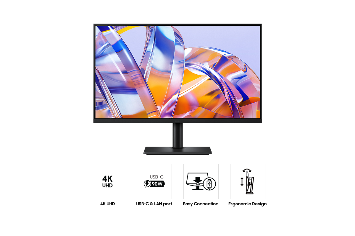 De voorkant van de 32-inch Samsung ViewFinity S8 S80UH, met op het scherm een reeks heldere kleuren en vier pictogrammen voor functies als 4K UHD, USB-C- en LAN-poort, Easy Connection en ergonomisch ontwerp.
