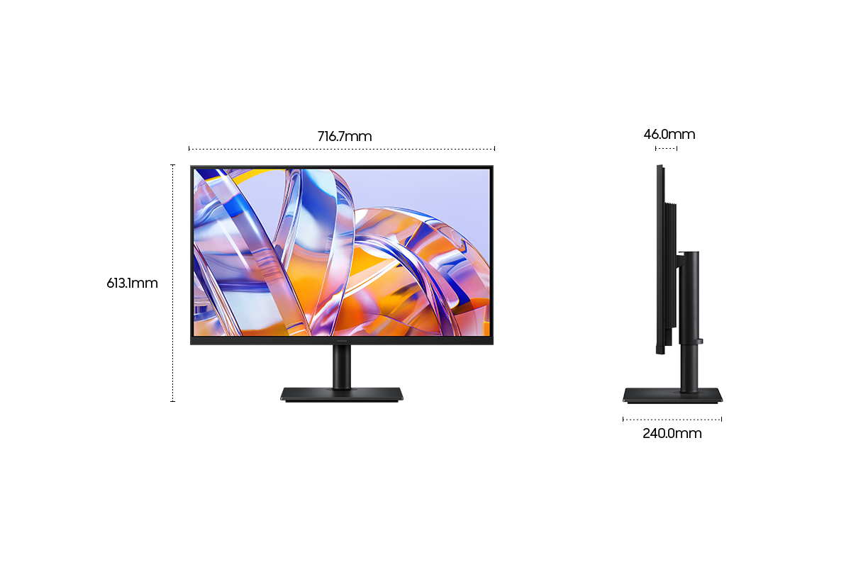 Afmetingen van de 32-inch Samsung ViewFinity S8 S80UH (716,7 x 613,1 x 240,0 mm) inclusief voet, en een schermdiepte van 46,0 mm zonder voet. Het scherm geeft een breed scala aan heldere kleuren weer.