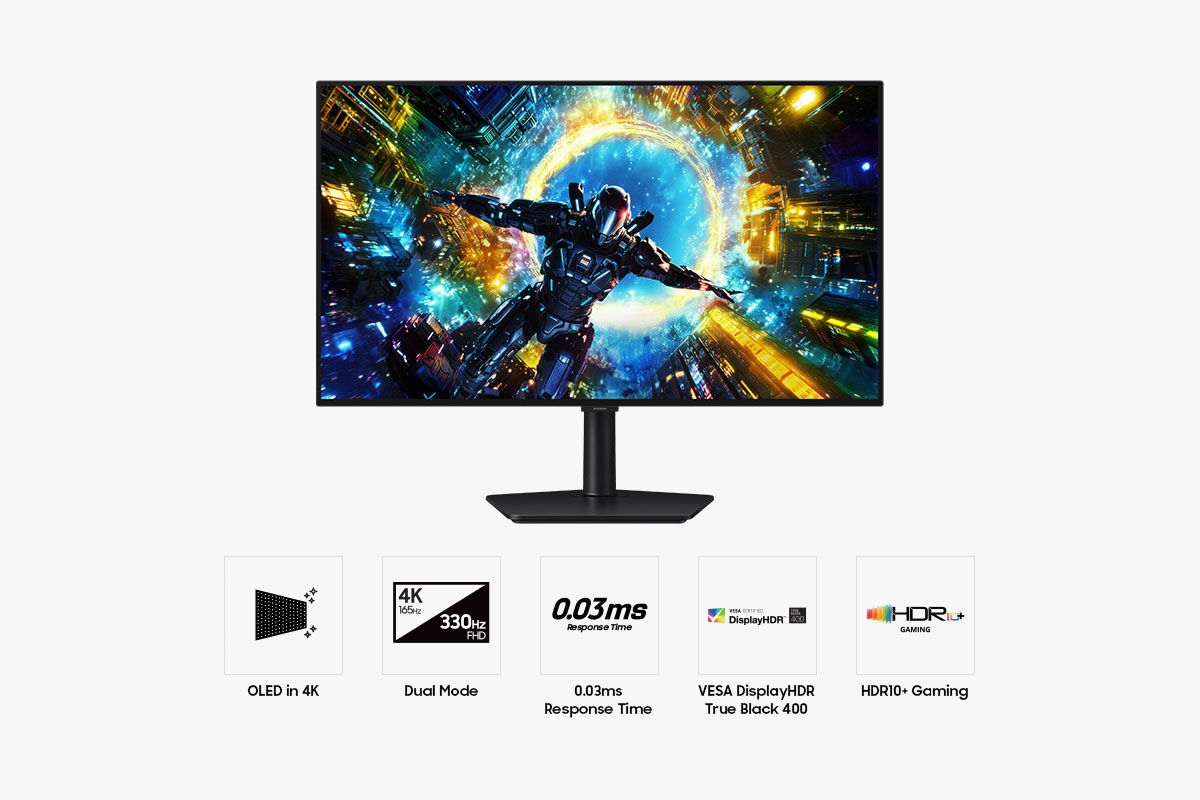 Voorkant van de Samsung Odyssey OLED G7. Vijf pictogrammen voor functies over OLED in 4K, Dual Mode, responstijd van 0,03 ms, VESA DisplayHDR True Black 400 en HDR10+ Gaming.