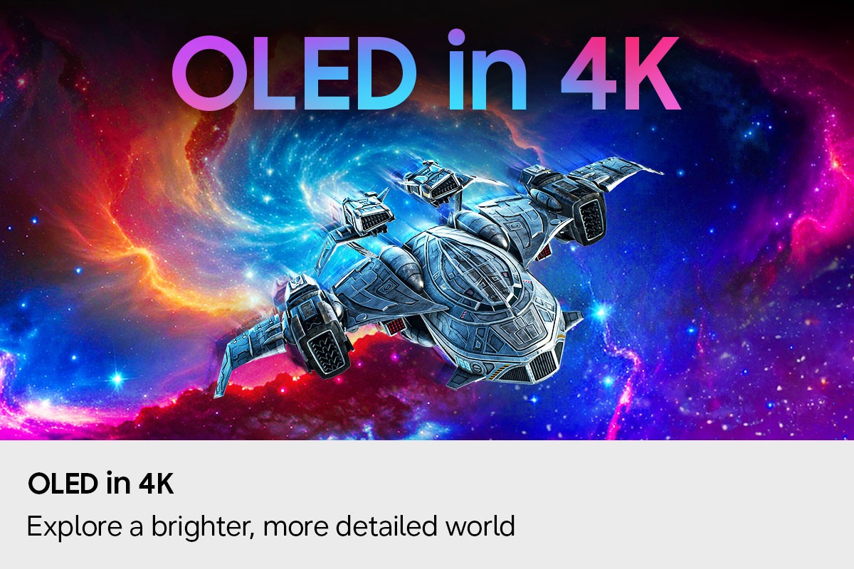 OLED in 4K. Verken een scherpere wereld met meer detail. Een ruimteschip beweegt door de ruimte. 