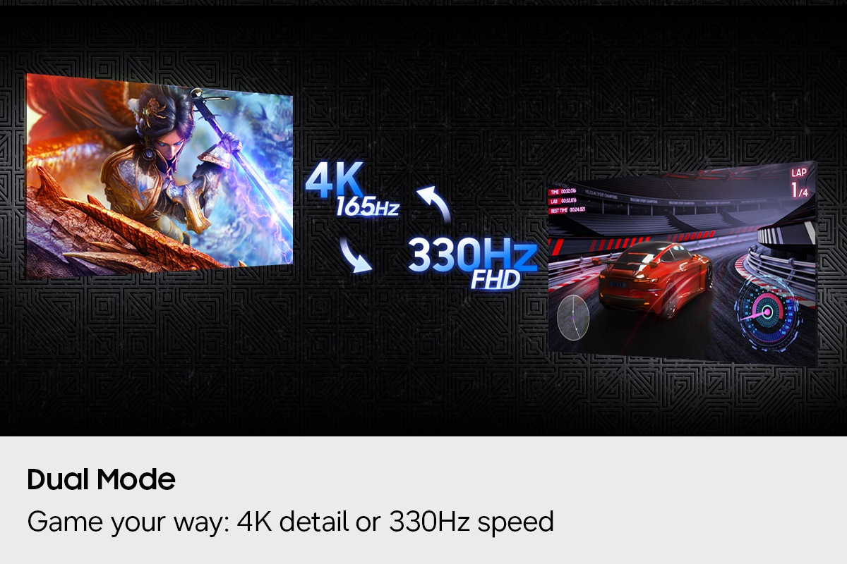 Dual Mode. Speel op jouw manier: Meer details met 4K of een snelheid van 330 Hz. Twee schermen tonen verschillende spellen. Eén game wordt weergegeven op 4K en 165 Hz, en de andere op FHD en 330 Hz.