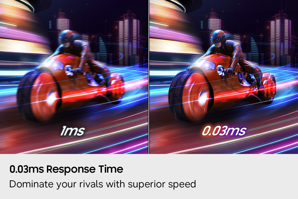 Responstijd van 0,03 ms. Versla je tegenstanders met een superieure snelheid. Een motorfiets die op volle snelheid racet is duidelijk te zien zonder vertraging in 0,03 ms vergeleken met 1 ms.