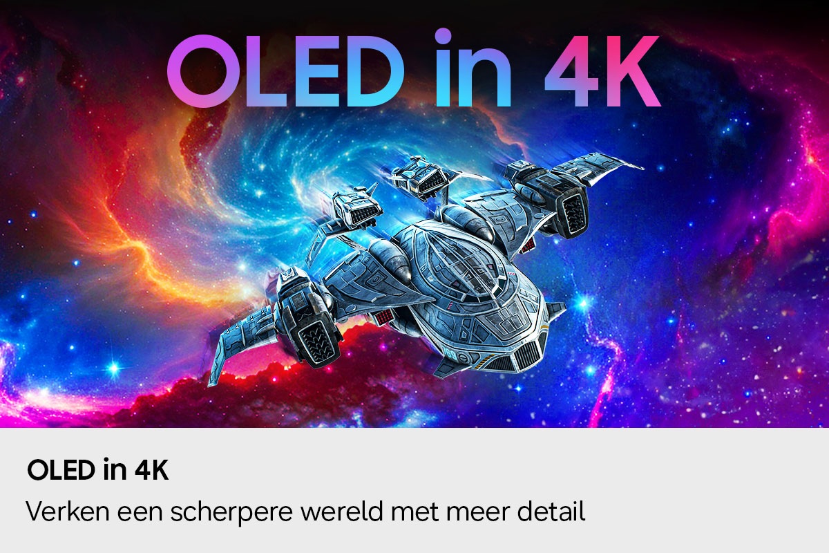 OLED in 4K. Verken een scherpere wereld met meer detail. Een ruimteschip beweegt door de ruimte. 