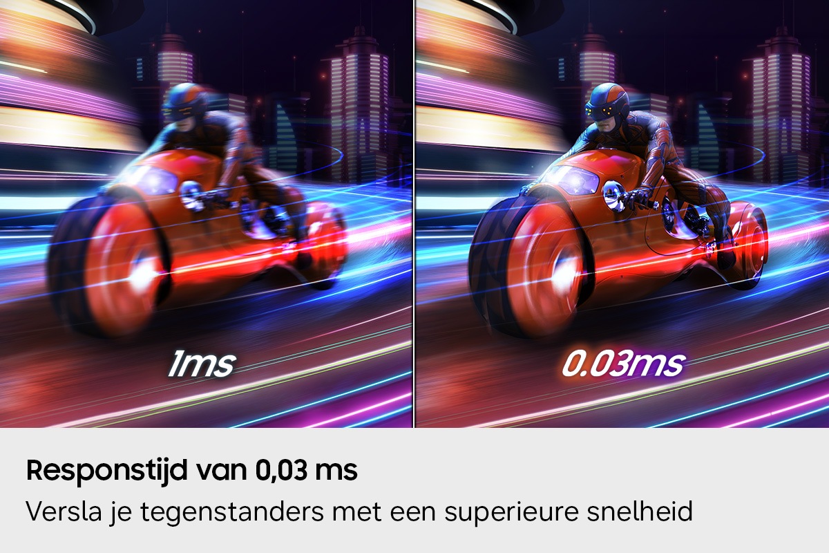 Responstijd van 0,03 ms. Versla je tegenstanders met een superieure snelheid. Een motorfiets die op volle snelheid racet is duidelijk te zien zonder vertraging in 0,03 ms vergeleken met 1 ms.