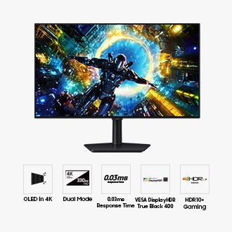 Voorkant van de Samsung Odyssey OLED G7. Vijf pictogrammen voor functies over OLED in 4K, Dual Mode, responstijd van 0,03 ms, VESA DisplayHDR True Black 400 en HDR10+ Gaming.