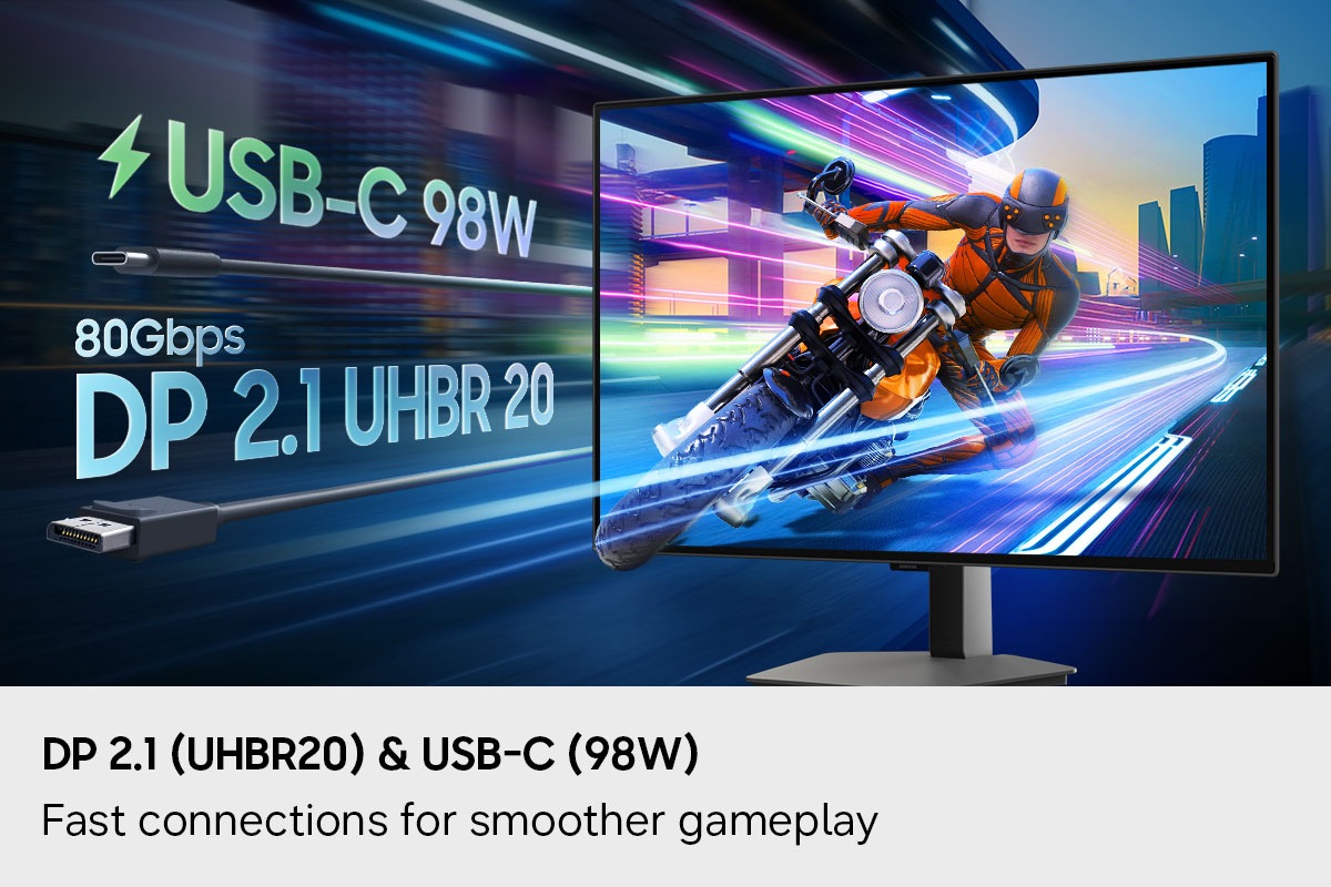 DP 2.1 (UHBR20) en USB-C (98 W). Snelle verbindingen voor soepelere gameplay. Een personage op een motorfiets scheurt van het scherm. USB-C 98 W. 80 Gbps. DP 2.1 UHBR 20.