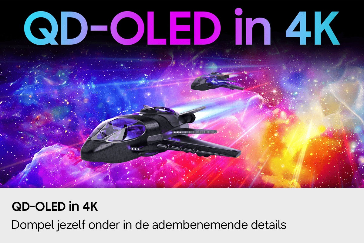 QD-OLED in 4K. Dompel jezelf onder in de adembenemende details. Ruimtevaartuig dat door de ruimte vliegt.