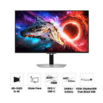 Voorkant van de 32-inch Samsung Odyssey OLED G8. Vijf pictogrammen voor functies over QD-OLED in 4K, Glare Free, DP2.1/USB-C, een refresh rate van 240 Hz en een responstijd van 0,03 ms, en VESA DisplayHDR True Black 500.