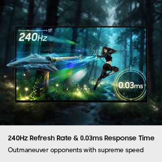 Een refresh rate van 240 Hz en een responstijd van 0,03 ms. Wees tegenstanders te slim af met superieure snelheid. Een scherm toont een boogschutter die een pijl afschiet. De pijl glijdt uit het scherm.