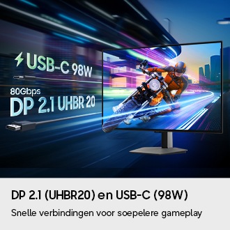 DP 2.1 (UHBR20) en USB-C (98 W). Snelle verbindingen voor soepelere gameplay. Een personage op een motorfiets scheurt van het scherm. USB-C 98 W. 80 Gbps. DP 2.1 UHBR 20.