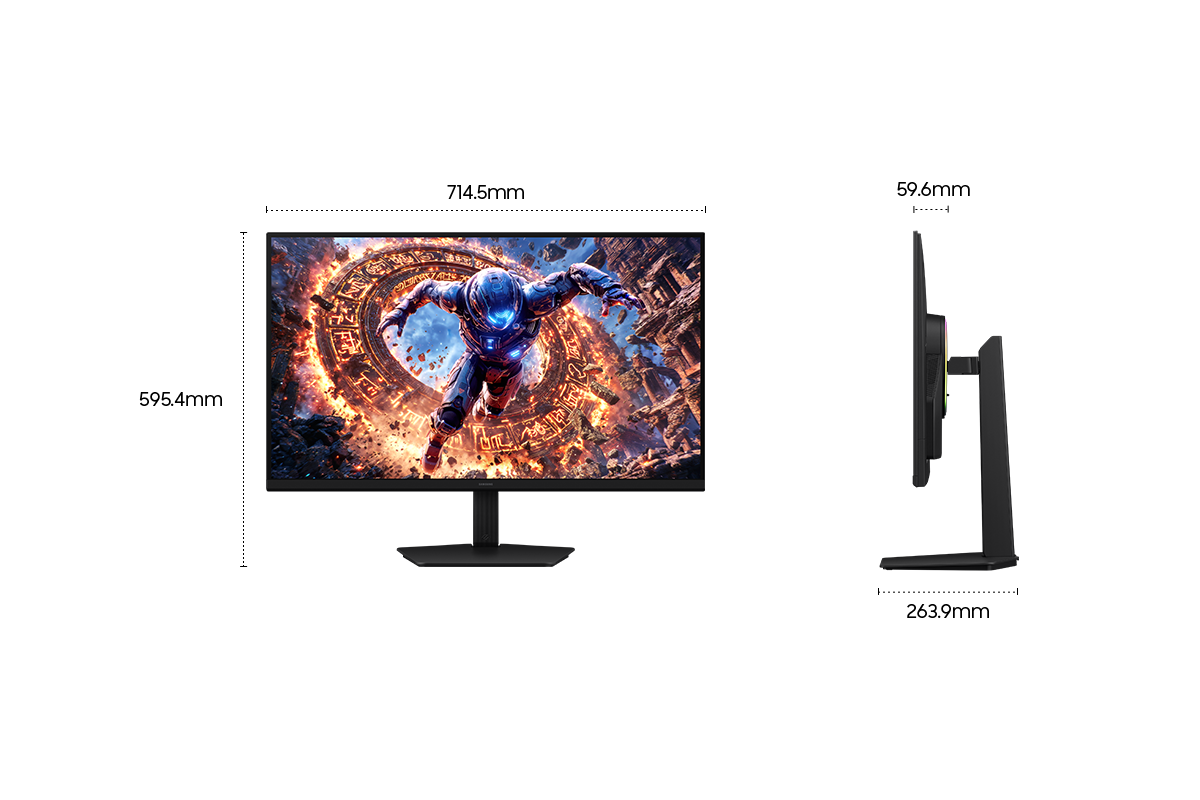 Afmetingen van de Samsung Odyssey G8 (714,5 x 595,4 x 263,9 mm) met standaard en een beeldschermdiepte van 59,6 mm zonder standaard.