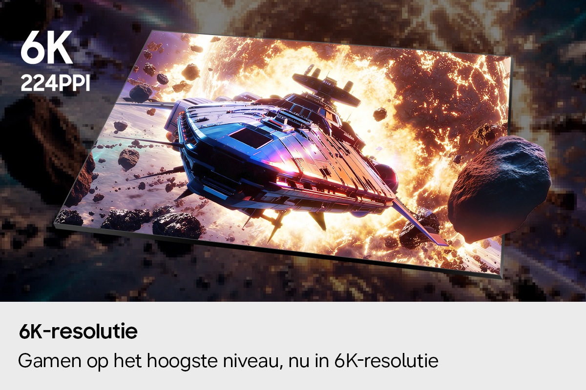 6K-resolutie. Gamen op het hoogste niveau. Nu in 6K. Monochrome pixels komen samen om een levendig beeld van een ruimteschip te tonen. 6K. 224PPI.