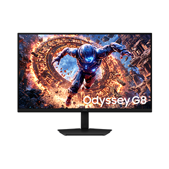 Voorkant van de Samsung Odyssey G8. Het scherm toont een personage dat een portaal verlaat.