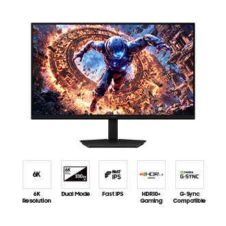 Voorkant van de Samsung Odyssey G8. Vijf pictogrammen voor functies over 6K-resolutie, Dual Mode, Fast IPS, HDR10+ Gaming en G-Sync Compatibel.