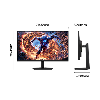 Afmetingen van de Samsung Odyssey G8 (714,5 x 595,4 x 263,9 mm) met standaard en een beeldschermdiepte van 59,6 mm zonder standaard.