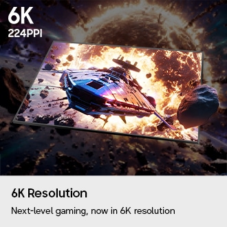 6K-resolutie. Gamen op het hoogste niveau. Nu in 6K. Monochrome pixels komen samen om een levendig beeld van een ruimteschip te tonen. 6K. 224PPI.