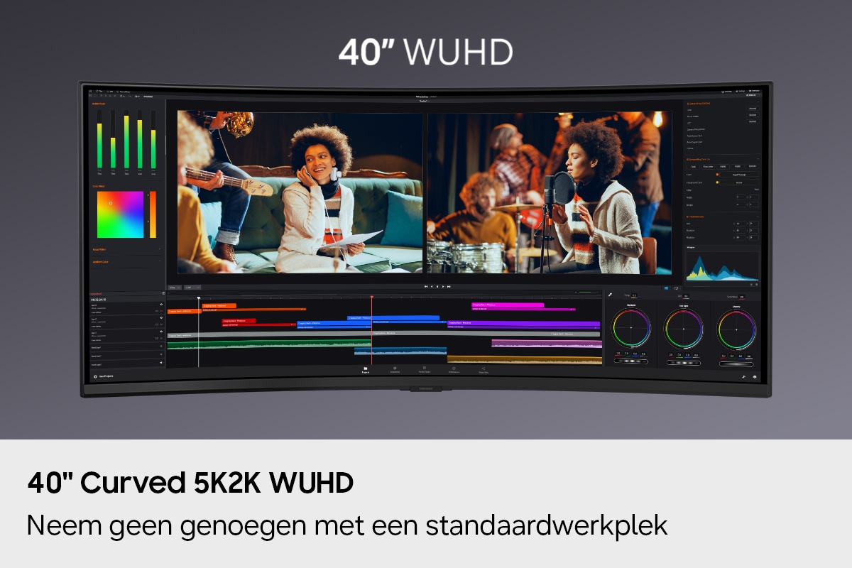 40" Curved 5K2K WUHD. Neem geen genoegen met een standaardwerkplek. Het display toont een 40-inch WUHD-scherm met een geopende videobewerkingsapp, waarop twee video's naast elkaar worden weergegeven.