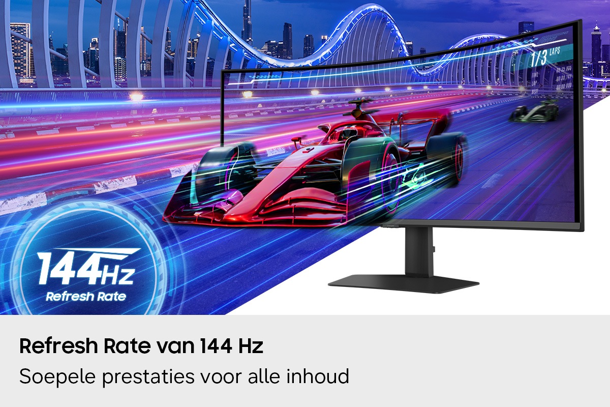 Refresh rate van 144 Hz. Soepele prestaties voor alle inhoud. Een raceauto schiet het scherm uit. Refresh rate van 144 Hz.