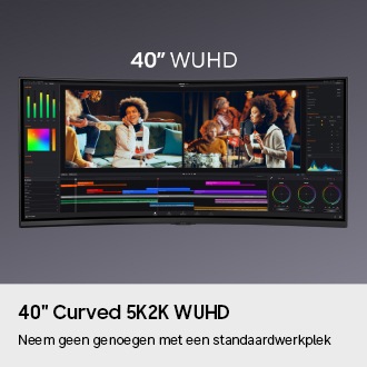40" Curved 5K2K WUHD. Neem geen genoegen met een standaardwerkplek. Het display toont een 40-inch WUHD-scherm met een geopende videobewerkingsapp, waarop twee video's naast elkaar worden weergegeven.