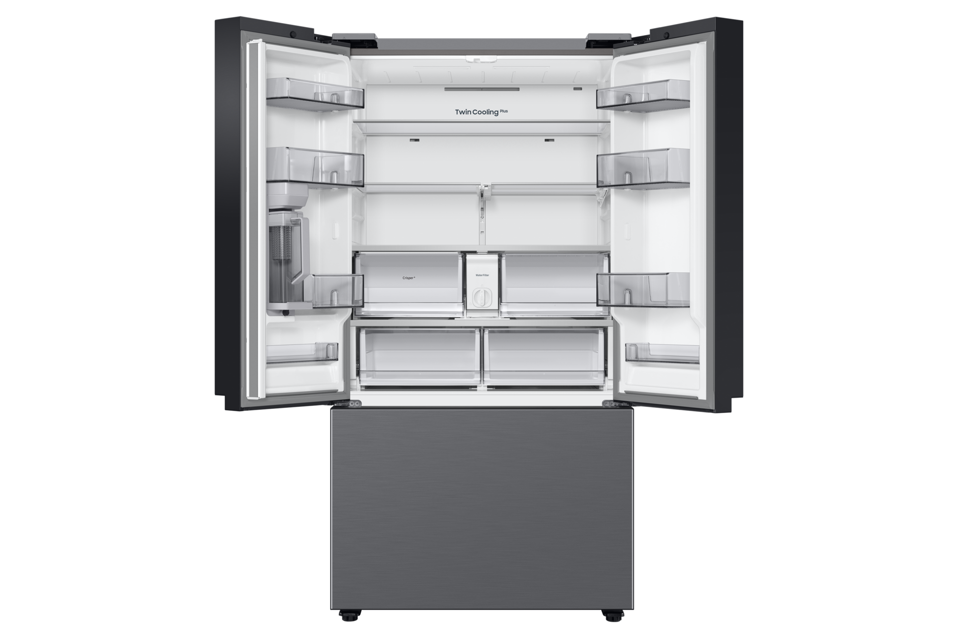 BESPOKE RF8000BC 3 Door French Door Refrigertor with Beverage Center Front-Open1 Silver 