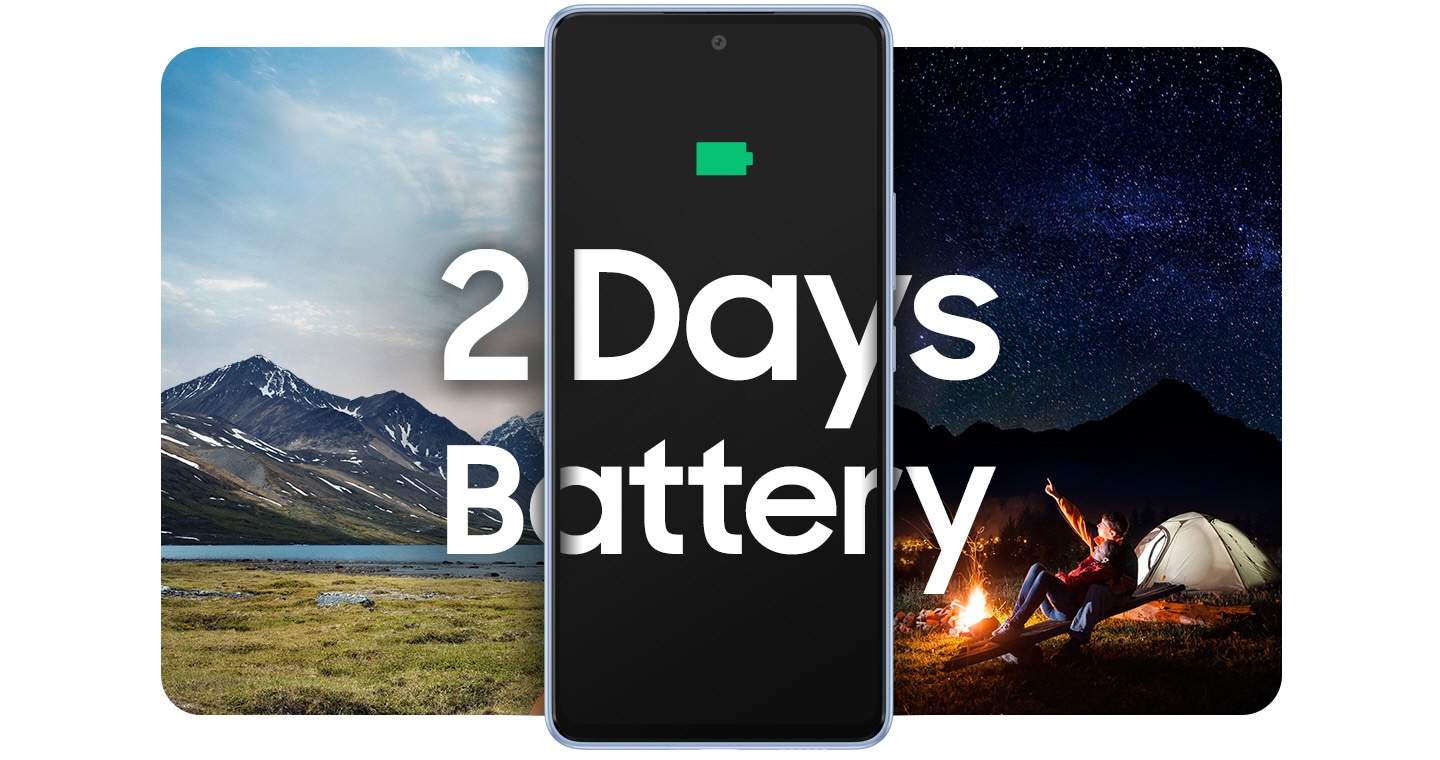 Un Galaxy A53 5G se trouve entre deux photos de paysages. À gauche, la photo montre un magnifique paysage de montagne en plein jour. À droite, la photo montre un homme assis devant un feu de camp, pointant du doigt les étoiles dans un ciel nocturne et sombre. Le texte au centre indique "2 Days Battery".