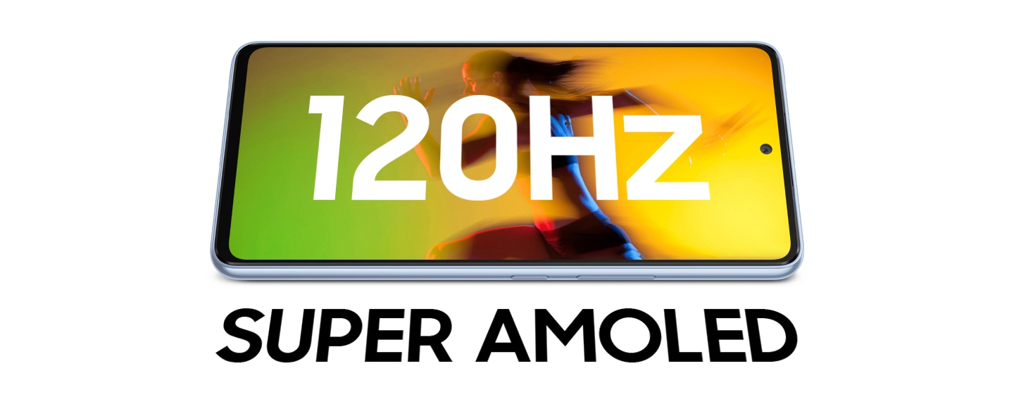 Le Galaxy A53 5G est posé horizontalement avec une image colorée de teintes vertes et jaunes affichée à l'écran. Le texte 120HZ est affiché à l'écran et SUPER AMOLED montré en dessous.