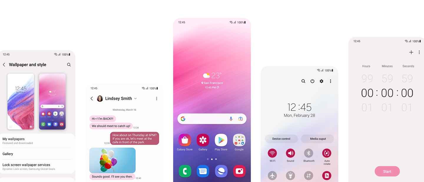 Cinq écrans différents du Galaxy A53 5G montrant un ensemble personnalisé de couleurs et d'apparence utilisant One UI 4. De gauche à droite, les écrans montrent : le fond d'écran et le menu de style des paramètres, une conversation par message texte avec des bulles de texte personnalisées de couleur rose et bordeaux, un écran d'accueil personnalisé, un menu de paramètres rapides personnalisé et un écran de chronomètre personnalisé.