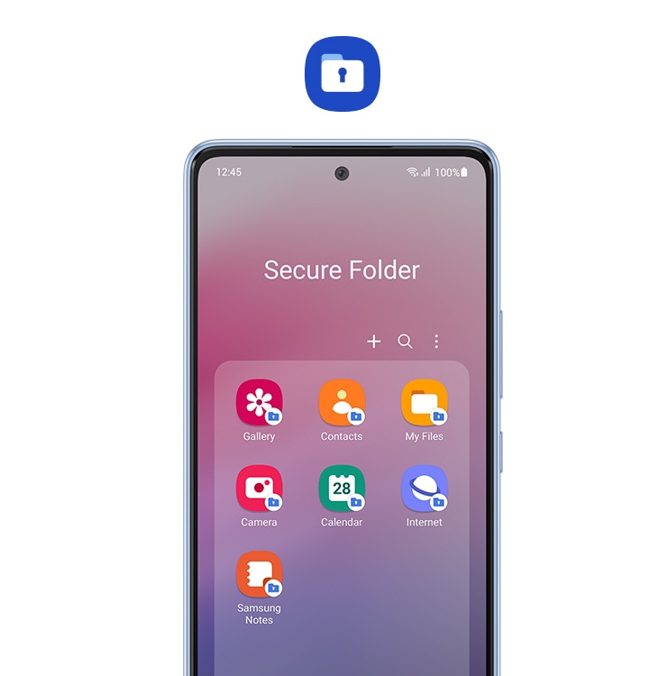 Le Galaxy A53 5G vu de face, affichant les applis contenues dans Secure Folder, dont Galerie, Contacts, Mes fichiers et plus encore. Chaque icône d'appli a une petite icône Secure Folder jointe en bas à droite. Au-dessus du smartphone se trouve une plus grande icône Secure Folder.