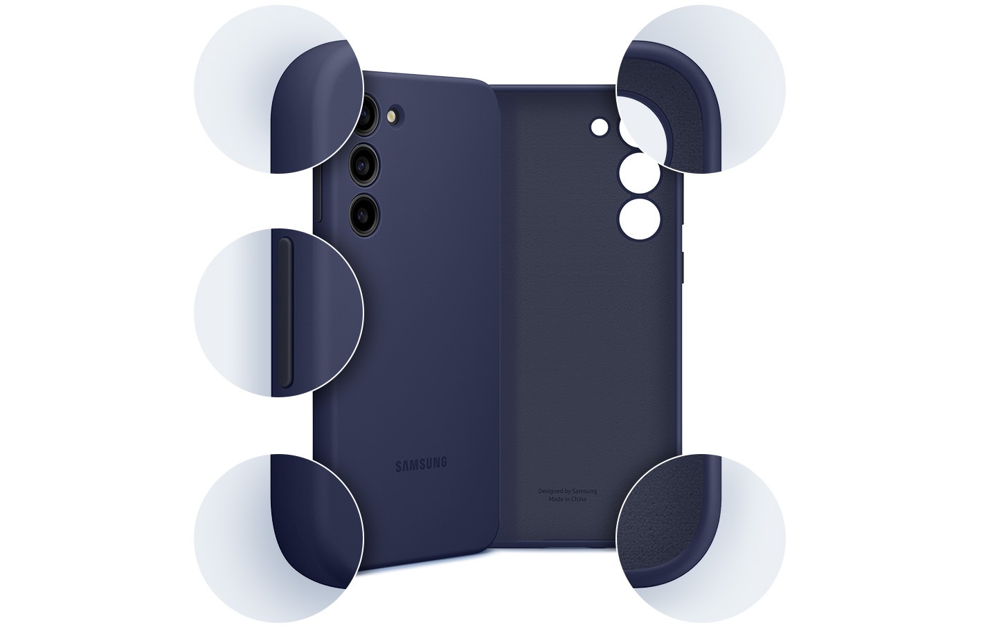 L'avant et l'arrière du Silicone Case sont montrés avec un zoom avant détaillé des bords présentés autour d'eux.