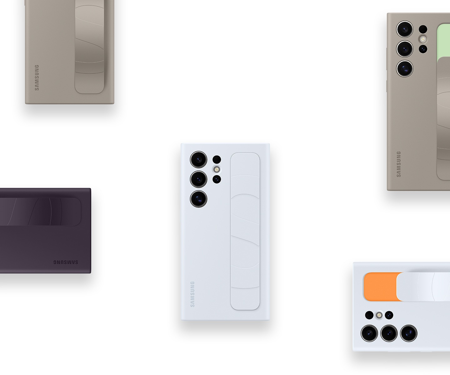Les étuis Standing Grip pour Galaxy S24 Ultra en Light Blue, Taupe et Dark Violet sont disposés de manière ordonnée, montrant la polyvalence des découpes à cinq côtés du produit. La forme rectangulaire de l'étui donne une impression de présentation organisée dans un layout à fond perdu.